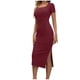 thumbnail image 3 of TaTaai Women Summer French Square Neck Side Split Slim Knit Dress Short Sleeve Solid Color Midi Length Elegant Casual Daily Wear Dresses Gift, 3 of 9