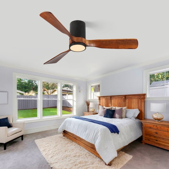 BOFANG 42″ Flush Mount Matte Black Ceiling Fan with Light, Wood Blades & Remote, Indoor/Outdoor