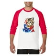 thumbnail image 1 of Mens Raglan Sleeve Baseball T-Shirts - American Flag 4th of July Kitty, 1 of 5