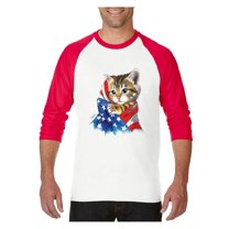 Mens Raglan Sleeve Baseball T-Shirts - American Flag 4th of July Kitty