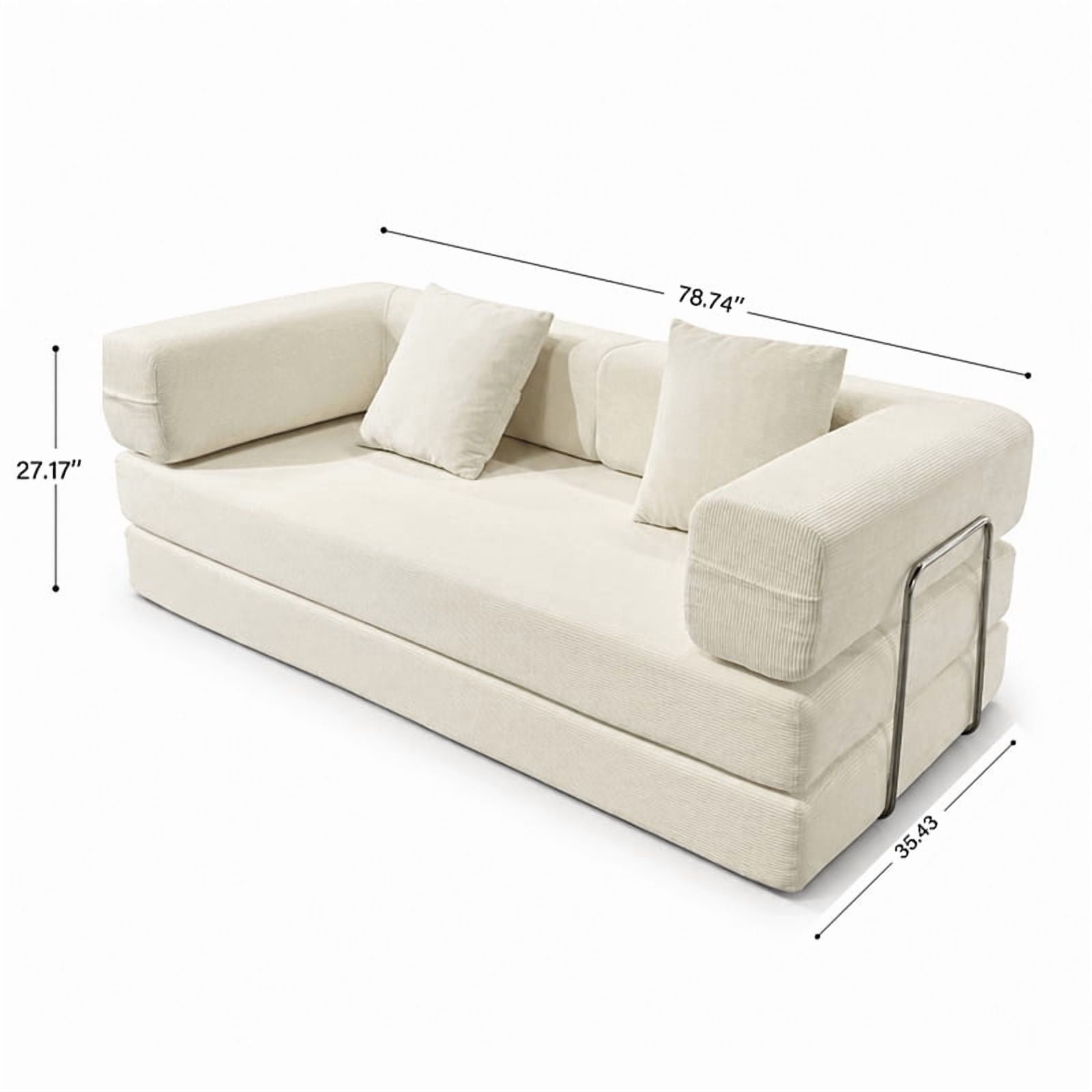 Garitin Sofa Bed and Convertible Floor Sofa 78.74 Inch, Corduroy Fabric Couch with Double Pillows for Living Room Bedroom, Ancient White