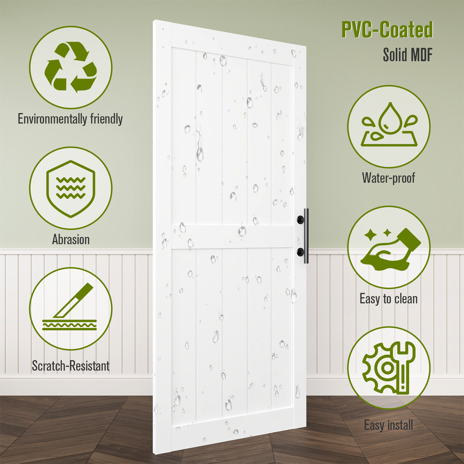 Miniyam White H-Shaped MDF Sliding Barn Door with Hardware and Handle, 36 in x 84 in