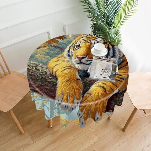 RKSupls 60 Inch Round Tablecloth, Tiger Tree Autumn Premium Polyester Straight Edge Wrinkle Resistant Washable Table Cover for Party Home Dining Decor