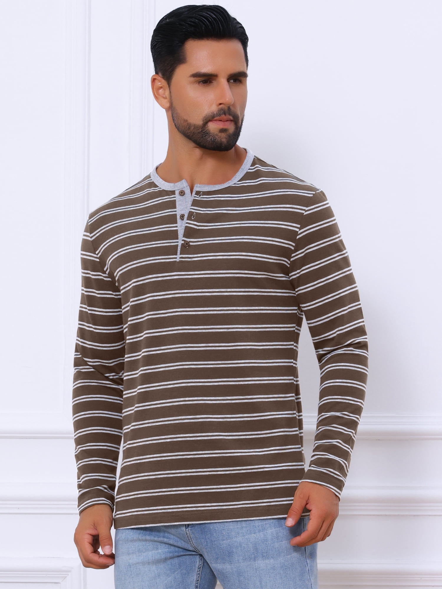 DARING DIVA Men's Long Sleeve Contrasting Colors Striped Henley T-Shirt S Dark Brown