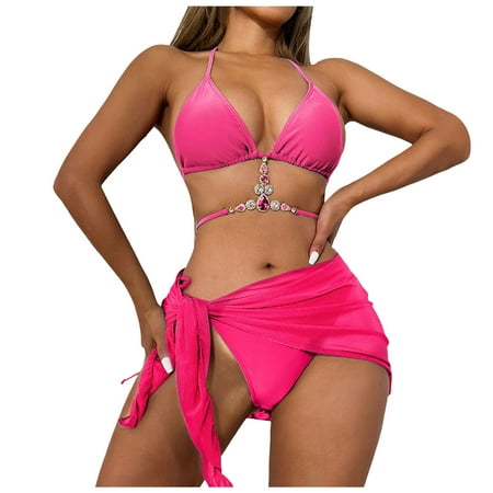 Teen Swim Suits Girls Long Skirt Set Women s 3Pcs/Set Shiny Rhinestone Solid Color Lace Up Bikini Cover Up Set Bra Low Rise Briefs Sunscreen Skirt Set Beachwear