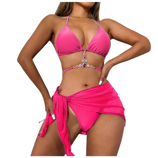 FhsagQ Swimsuit Sets for Women Two Piece Women's 3PcsSet Shiny Rhinestone Decor Solid Color Lace up Bikini Cover up Set Bra Low Rise Briefs Sunscreen Skirt Set Beachwear M