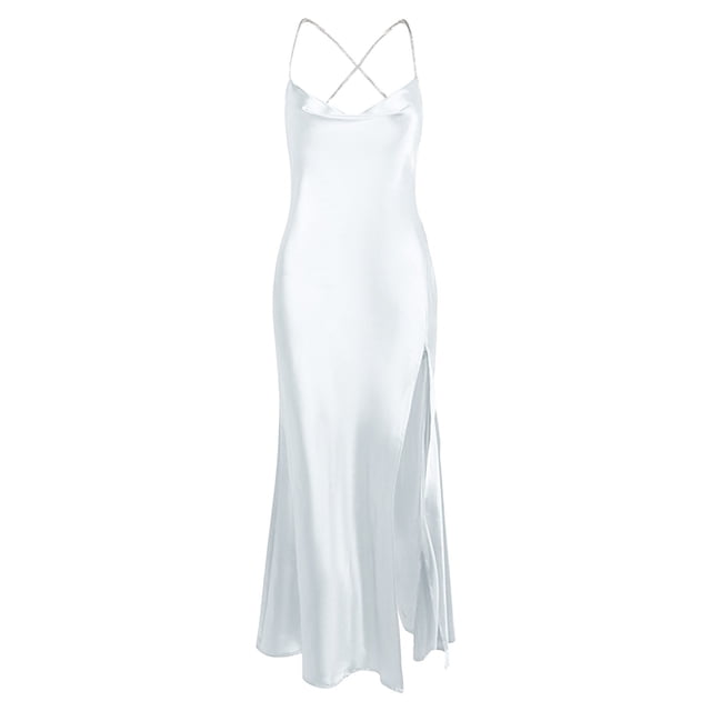 Prolriy Robes Printemps Été pour Femmes 2025 Robe en Satin Sans Manches à Bretelles Spaghetti Col Bénitier Été Froncée Moulante Fendue Robes Formelles Robes d'Été pour Femmes, Robes Blanches P