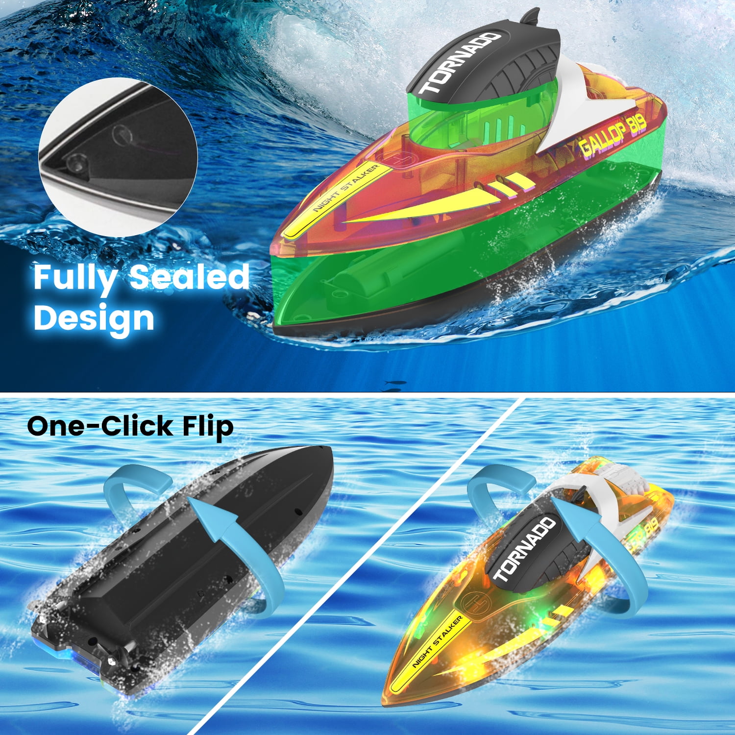 JoyStone RC Boat for Pools and Lakes, 2.4G Remote Control Boat with LED Lights, Racing Boats for Kids & Adults with 2 Rechargeable Battery, Gifts for Boys Girls (Orange)