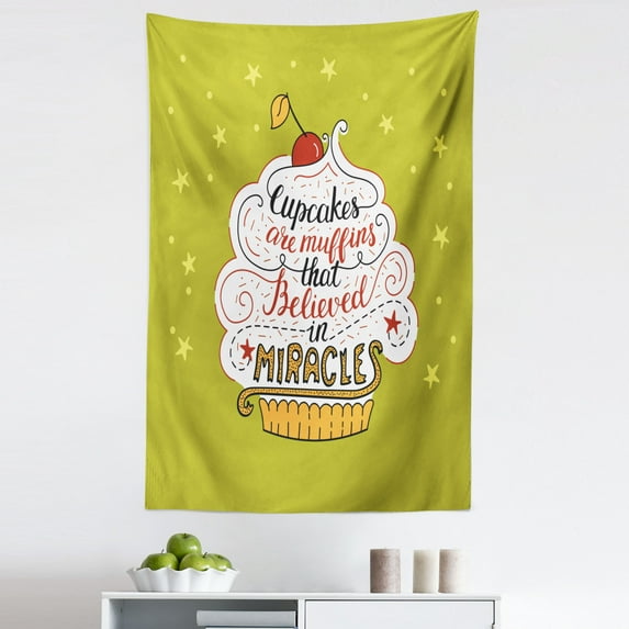 Cupcake Tapestry, Cupcakes are Muffins that Believed in Miracles Lettering, Fabric Wall Hanging Decor for Bedroom Living Room Dorm, 5 Sizes, Apple Green Vermilion, by Ambesonne