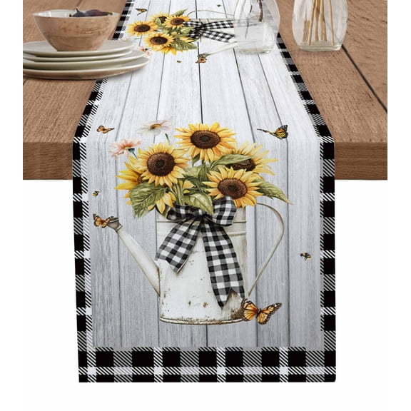 Ldtrchee Vintage Sunflower Table Runner 72 Inches, Spring Floral Summer Botanical Plaid Bed Runner Dresser Scarves Tabletop for Indoor Outdoor Parties/Ceremony/Banquet, 16" x 72"
