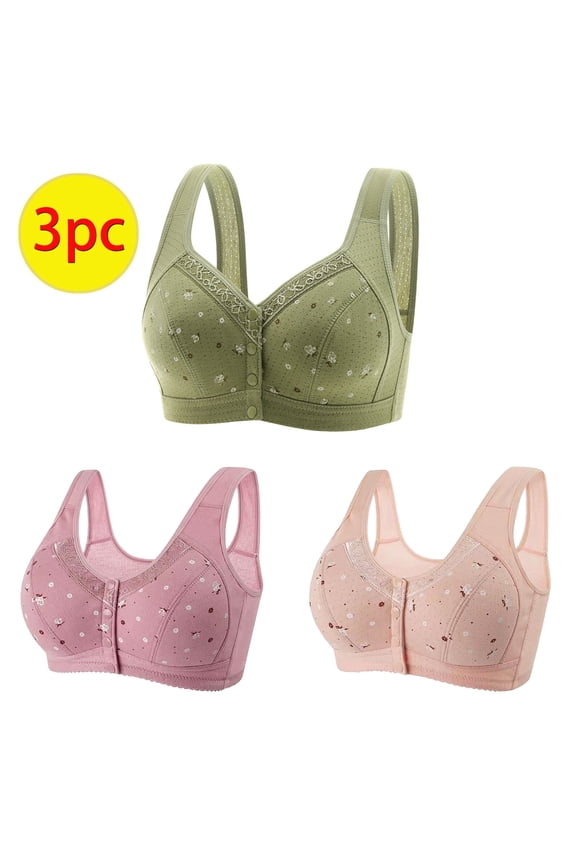 Womens Front Closure Bras Seniors,Comfortable Daisy Bra for Seniors,3-Pack Women's Daisy Bra Comfort Button Bra Push Up Wireless Everyday Bras,Army Green,XXXXL