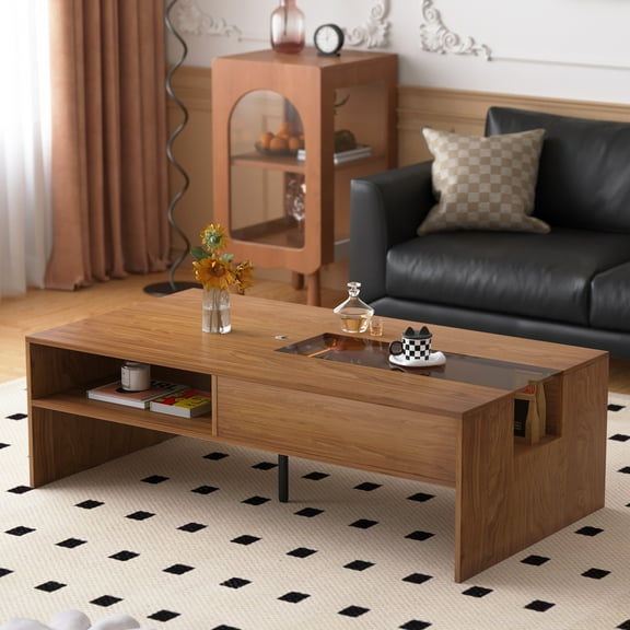 NessCarsti Coffee Table with LED Lights, 51" Modern Rectangular Living Room Center Table with Storage Shelves & Hidden Compartment, Stylish Tea Table for Apartment, Home, Office