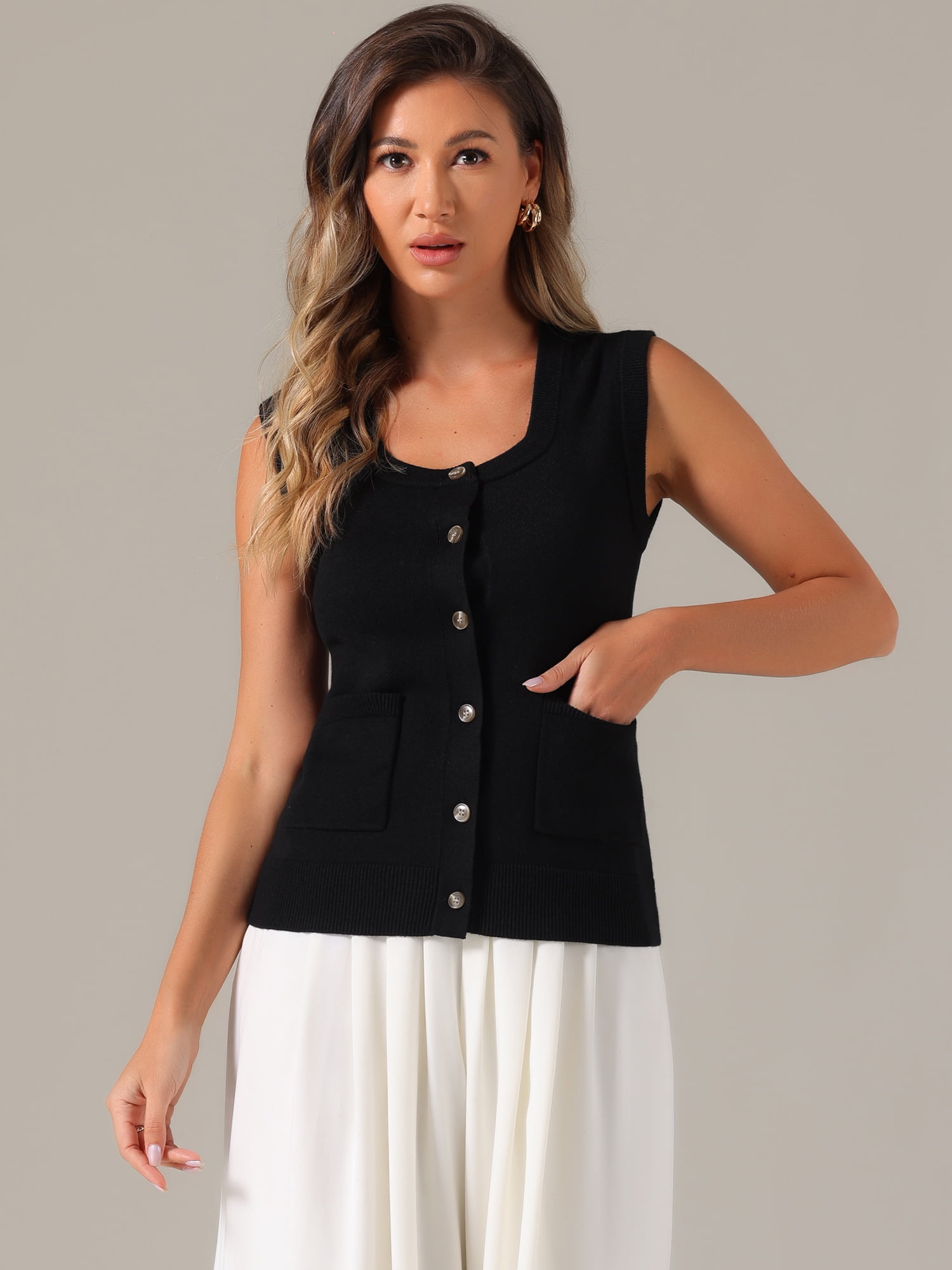 DARING DIVA Women's Sweater Vest Button Ribbed Knitted Tank Top XL Black