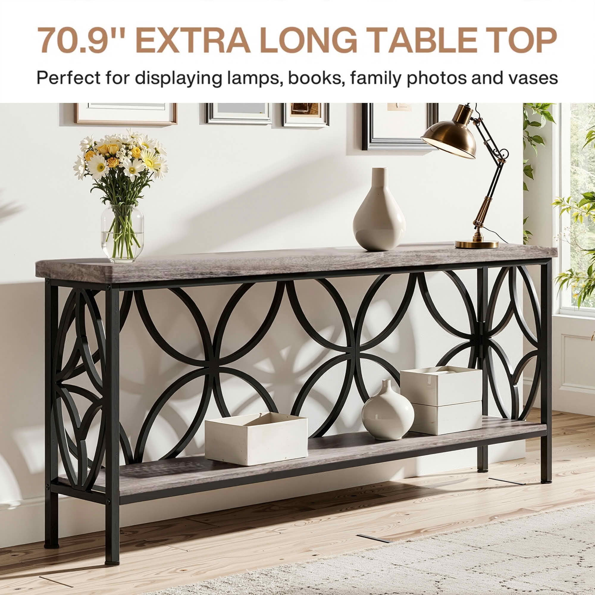 MAYEERTY 70.9" 2-Tier Industrial Console Table, Rustic Wood Top Black Metal Frame Sofa Table with Adjustable Floor Pads