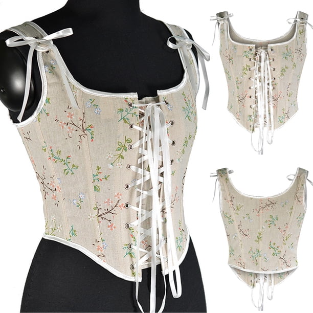 ICHUANYI Clearance Women Casual Sexy Eyelet Lace-up Floral Print Fishbone Court Vintage Corset Straps Tank Top(Beige, L) Ichuanyi Ichuanyi