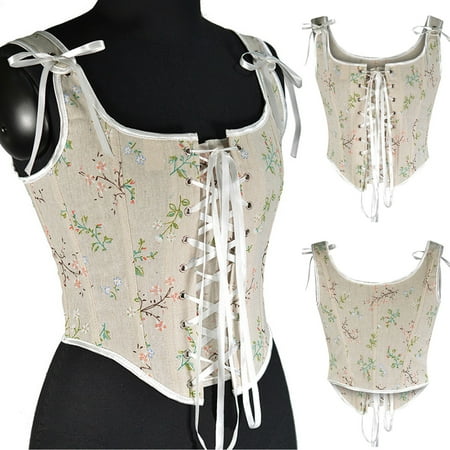 Puntoco Womens Plus Size Summer Shirts Women Casual Sexy Eyelet Lace-Up Floral Print Fishbone Court Vintage Corset Straps Tank Top Beige 6(M)