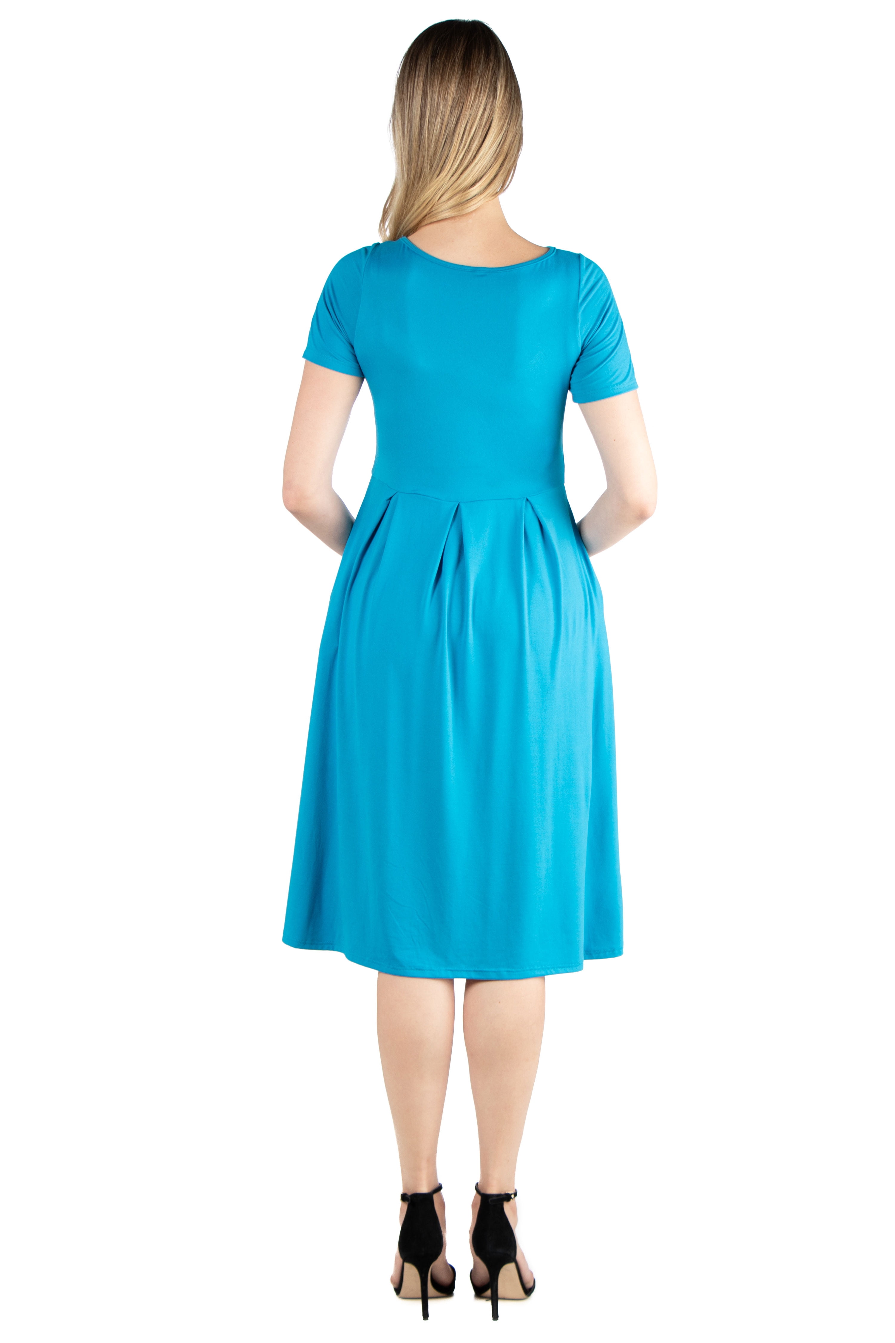 24seven Comfort Apparel Short Sleeve Maternity Midi Skater Dress With Pockets