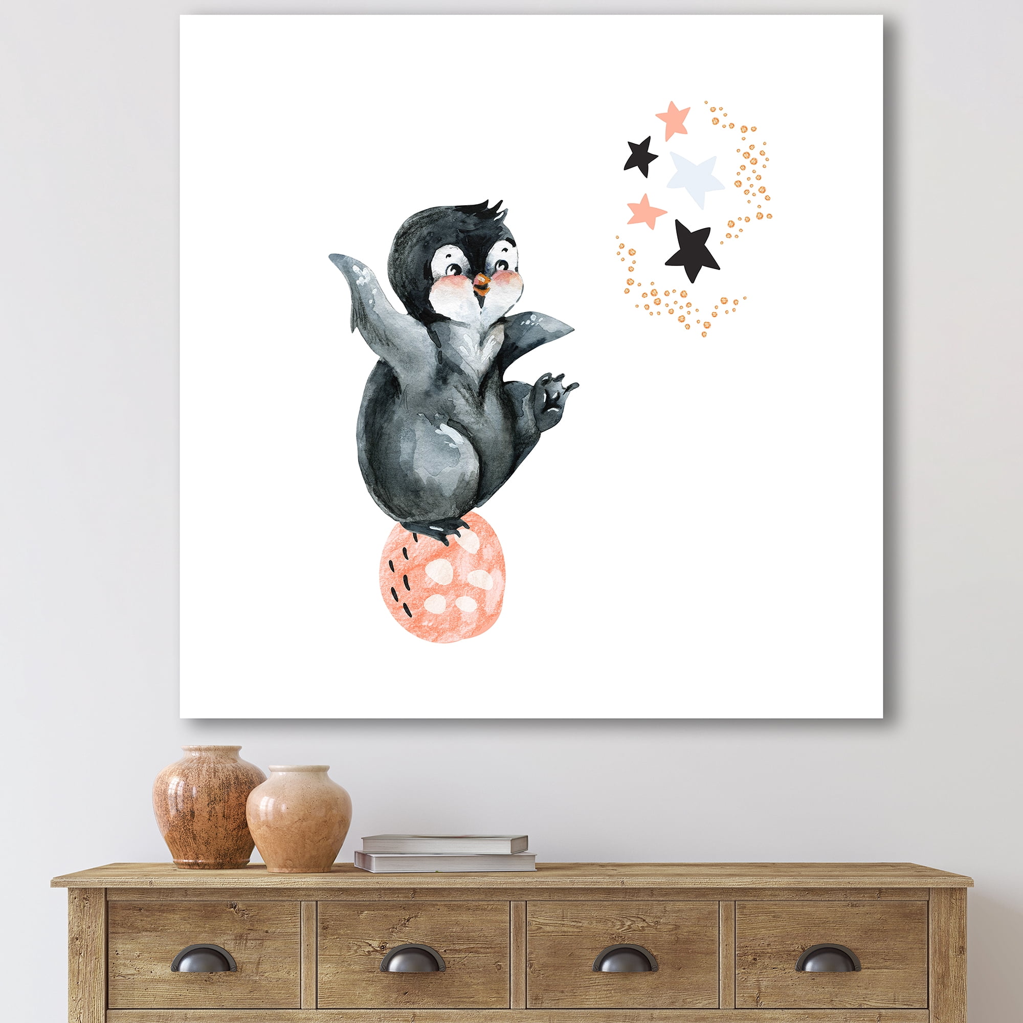 Designart ' Little Penguin With Planets and Stars II ' Farmhouse Canvas Wall Art Print