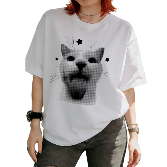 Halftone Cat Graphic Tees T-shirt Funny Tongue Out Cat With Stars Retro Tops Short Sleeve Round Neck White S-5XL