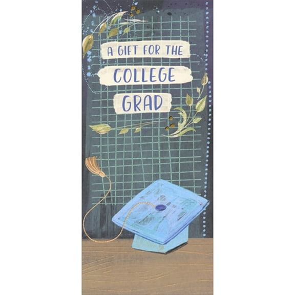Designer Greetings Gift for College Grad: Leaves, Blue Cap and Green Grid Money Holder / Gift Card Holder Graduation Congratulations Card