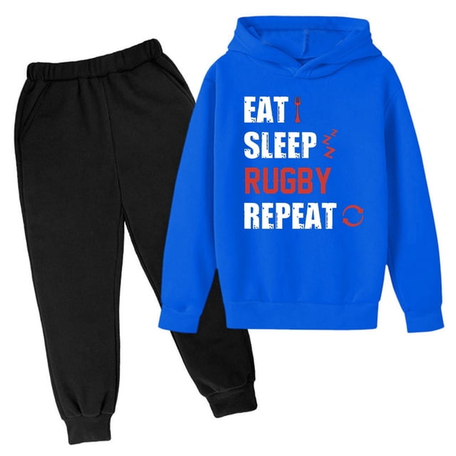 LUOGENLI Winter Sweatshirt Letter Printed Hoodie Pants Children's Casual Two Piece Fashion Trend Football Fans Sports Rugby Player Sports Gift Outfits for Boys 2025 under 20 Blue 13-14 Years