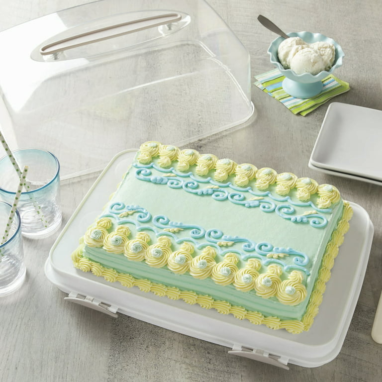 Better Homes & Gardens Rectangular Cake Carrier with Clear Plastic Cover,  Beige Clasps and Handle, 16 x 12