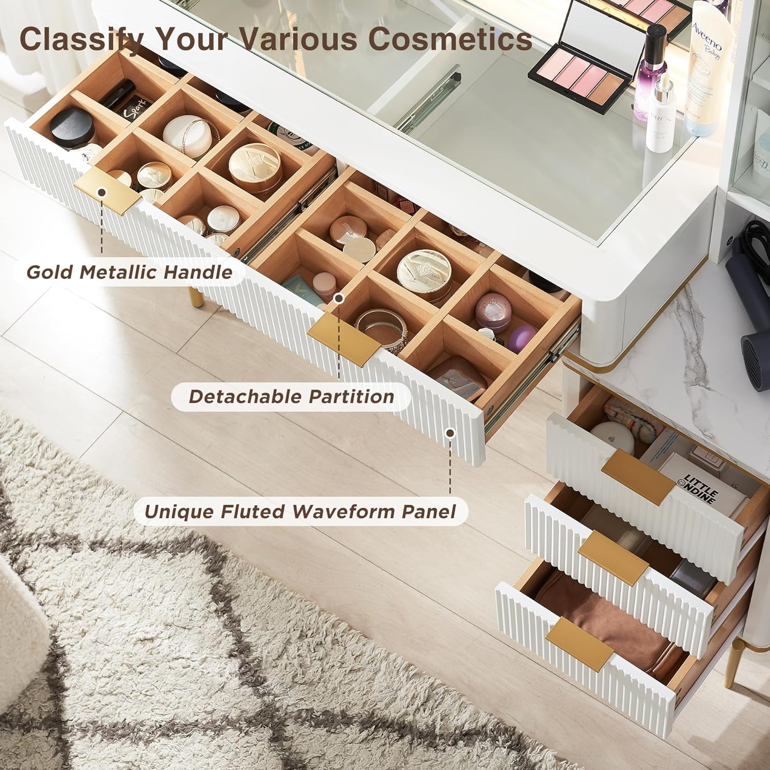 OKD Makeup Vanity Table with Lighted and Mirror, Glass Top Vanity Desk with 5 Drawers & Charging Station for Bedroom,White