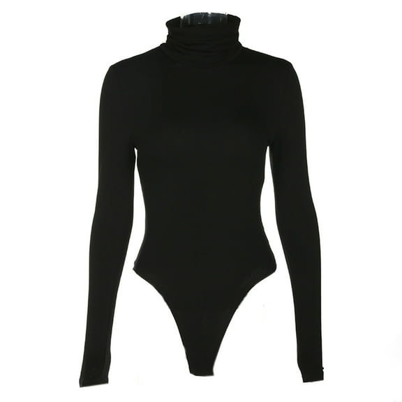 Yokua Womens Autumn Long Sleeve Turtleneck Bodysuit Basic Simple Solid Color Bodycon Leotard Top Stretchy Slim Fit High Cut Jumpsuit Streetwear