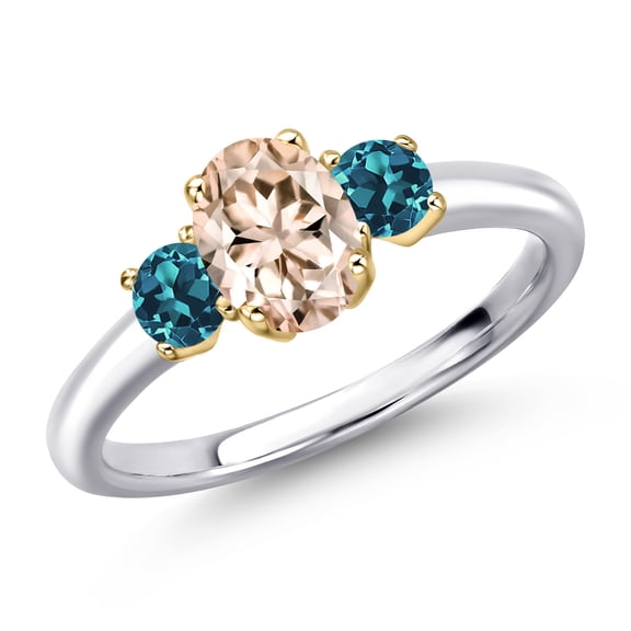 Gem Stone King 10K Two Tone Gold Peach Morganite and London Blue Topaz Engagement Ring for Women | 1.09 Cttw | Oval 7X5MM | Gemstone October Birthstone | Size 9