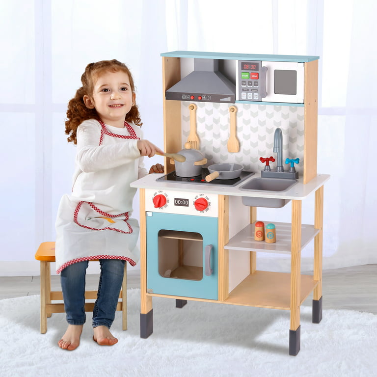 Tookyland Wooden Kitchen Toy Toddler Kitchen Playset with Real Light & Sound, Kids Play Kitchen with Removable Sink, Microwave, Range Hood, Stove