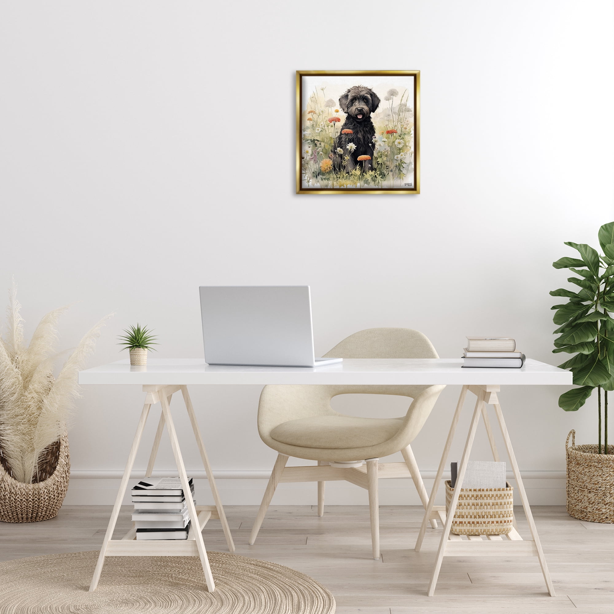 Stupell Industries Black Terrier in Meadow Animals & Insects Painting Gold Floater Framed Canvas Art Print Wall Art, 18 x 18