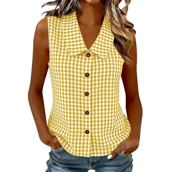 GigrtiJin Tank Tops for Womens Trendy Plaid Button Down Shirts Solid Color Casual Going Out Sleeveless Collared Tank Tops