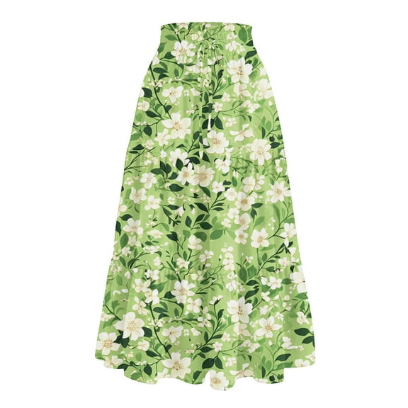 Yucgh Women's Floral Print Midi Skirt with Drawstring Elastic Waist, Casual Bohemian Skirt, A-line Summer Skirt with Pockets,Light Green,L