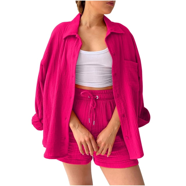 HUJlwoi Womens Sets 2 Piece Outfits Pleated Button down Shirt with Shorts Set Fall Fashion Matching Lounge Set Clothing