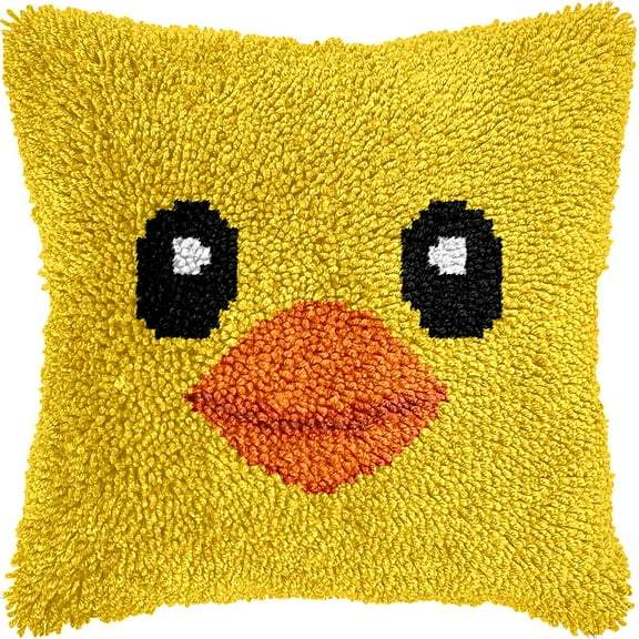 Yellow Duck Face Latch Hook Kits Pillow DIY Crochet Yarn Printed Pillowcase Needlework Hook and Latch Kit Cushion Cover Christmas Home Sofa Decoration 43x43cm