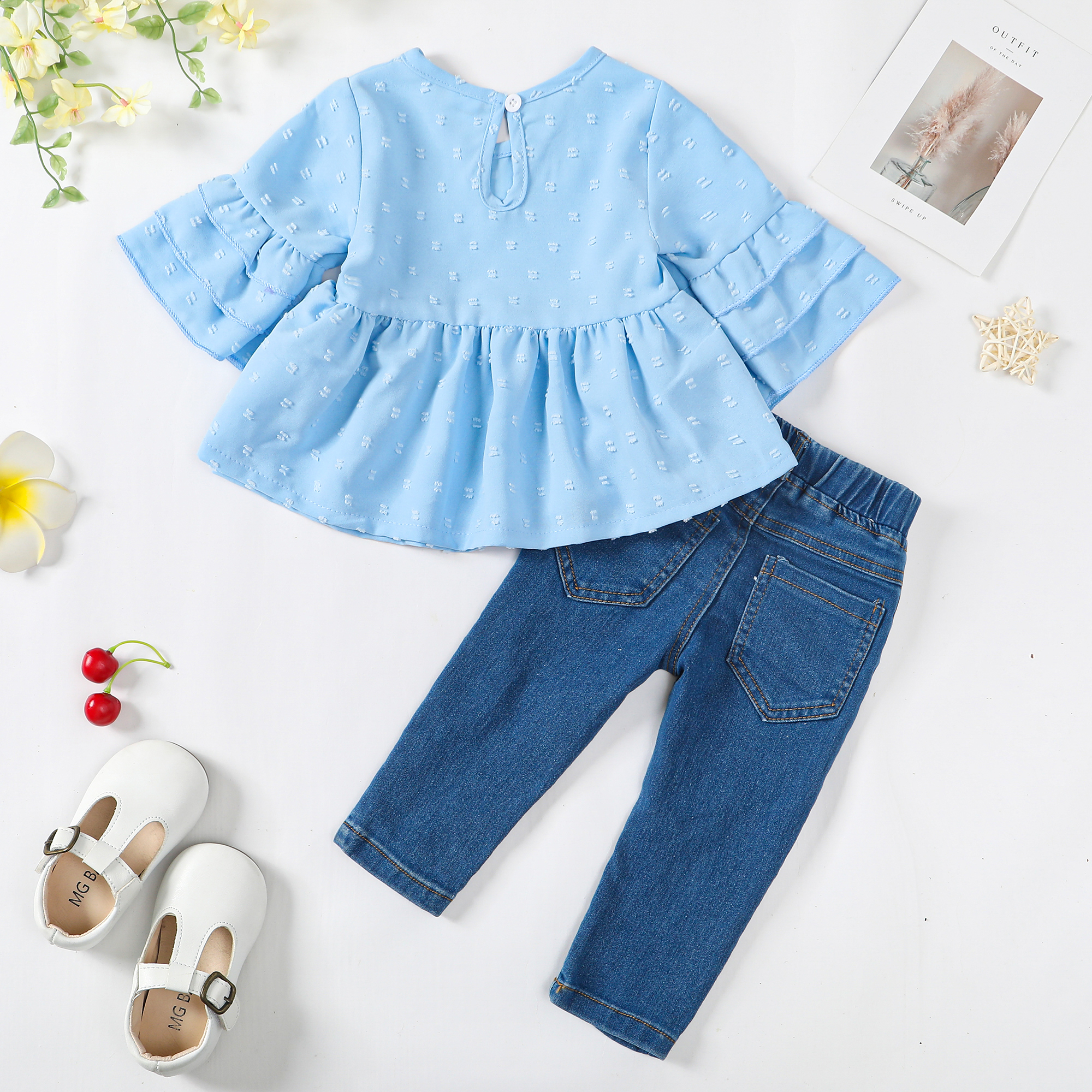 6 Months Baby Girls Clothes 12 Months Girls Denim Pant Set Outfits Set Infant Girls Medium Sleeve Solid Color Top Jeans Pants 2PCS Set Blue