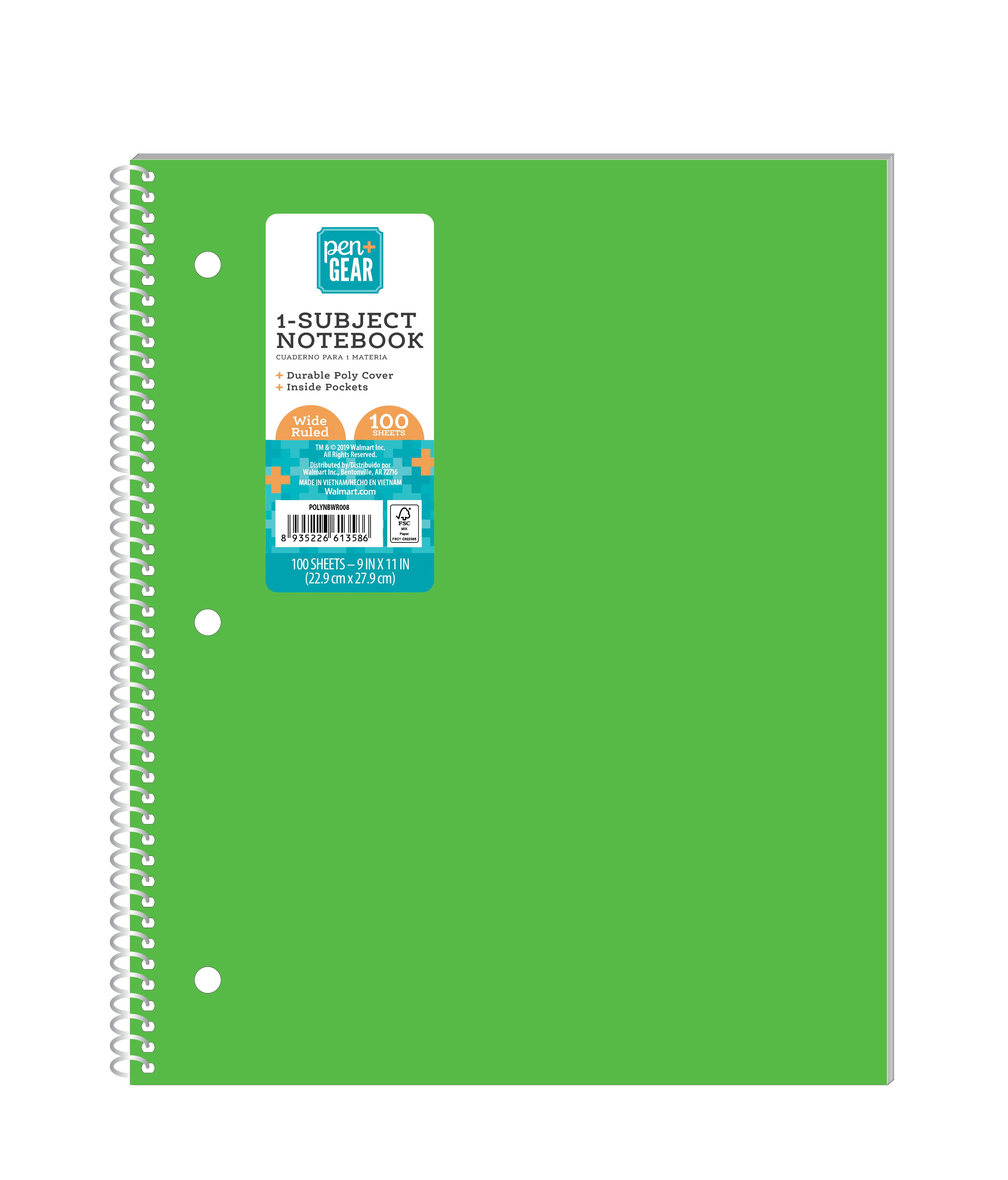 Pen + Gear Poly 1Subject WideRuled Notebook, Green, 9" x 11", 100