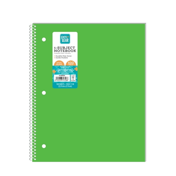 Pen + Gear Poly 1Subject WideRuled Notebook, Green, 9" x 11", 100