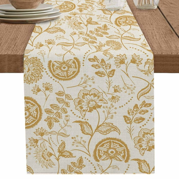 Orange Yellow Paisley Table Runner 108 Inches Long for Dining Table Decor,Boho Flower Botanical Leaf Branch Burlap Linen Farmhouse Table Runner Coffee Table Runners Dresser for Kitchen Party Holiday