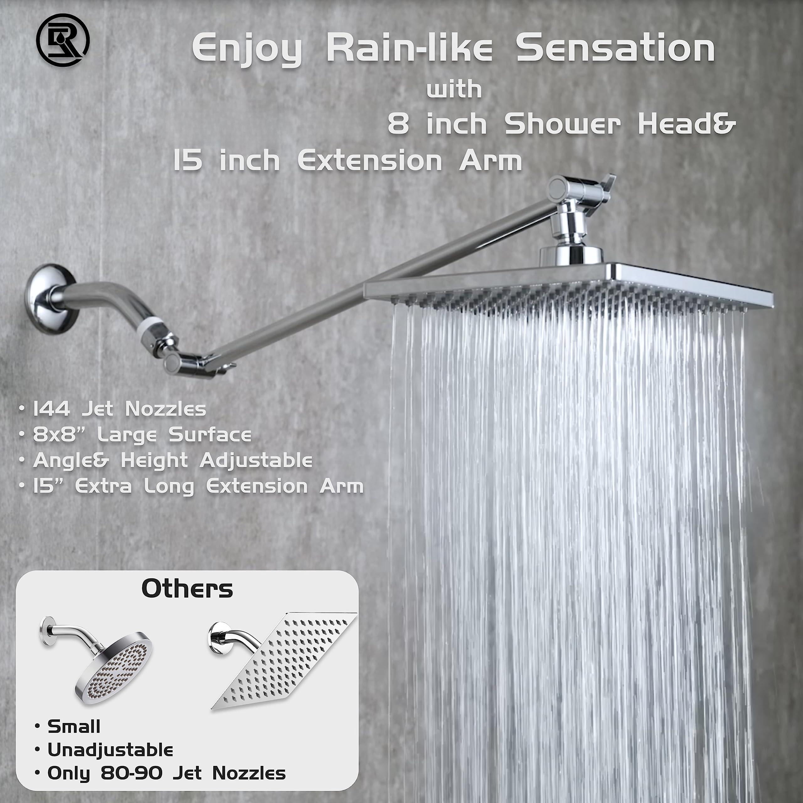 Rain Shower Head  8'' High Rainfall Square Showerhead With 15'' Extension Arm Brass Adjustable Extender Waterfall Fixed Showerheads Chrome