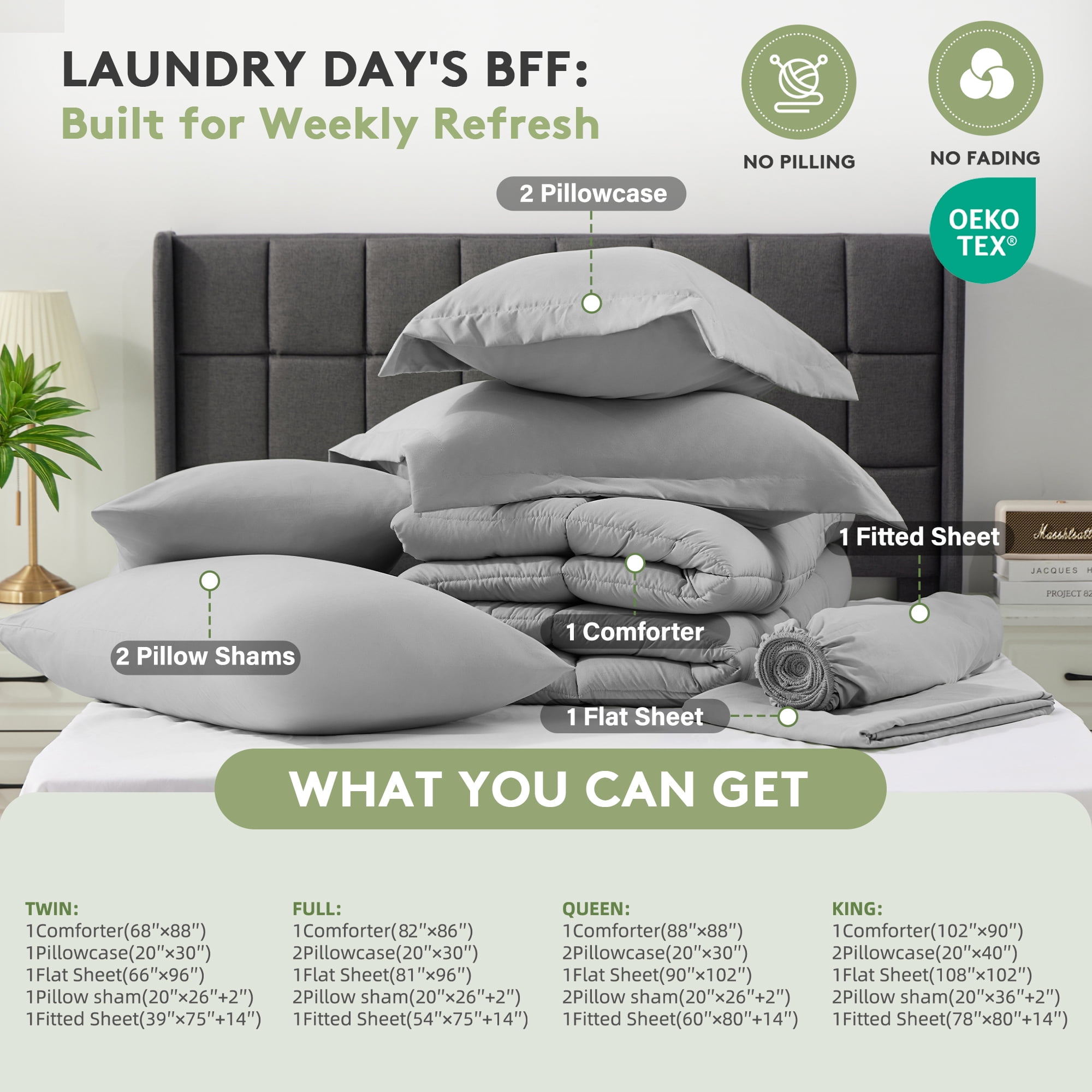 WISHEAD King Bed in a Bag Comforter Set with 7 Pieces - Light Gray All Season Bedding Sets with Comforter, Pillow Shams, Flat Sheet, Fitted Sheet and Pillowcases