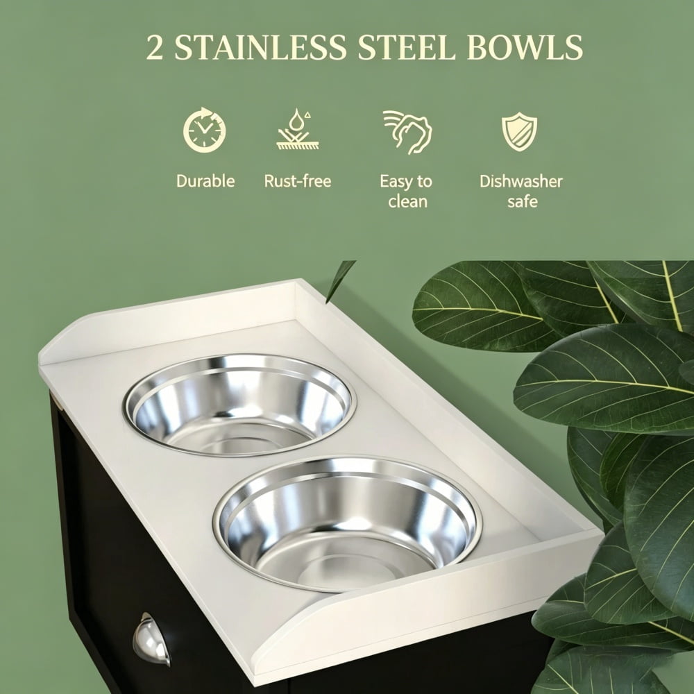 Elevated Dog Bowls Stand with Storage Drawer, Raised Pet Feeder with Removable Stainless Steel Bowls, Metal Sliding Rail Design for Large Dogs