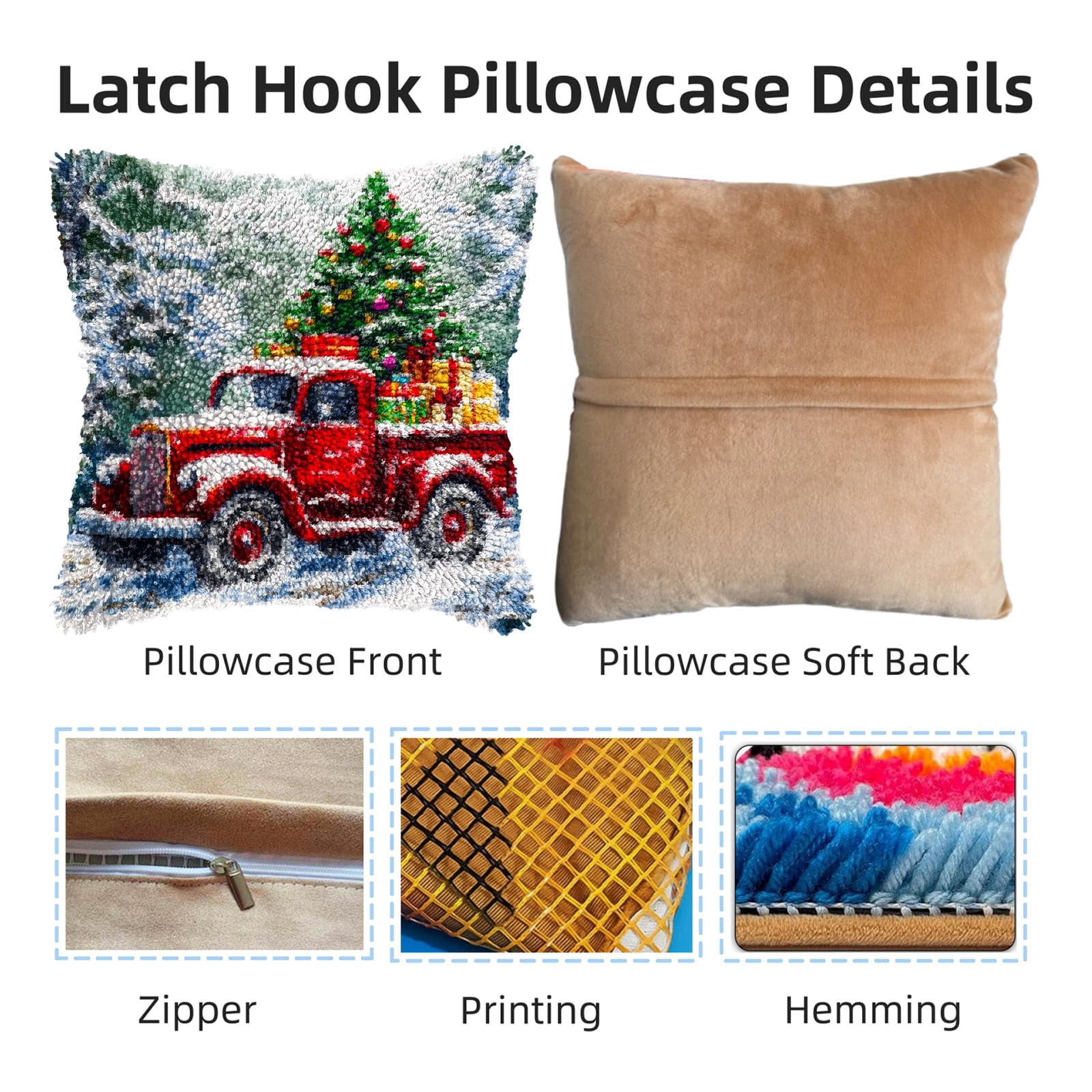 DIY Latch Hook Pillow Kits Red Truck with Christmas Tree Printed Pillowcase Crochet Yarns Hooking Handmade Pillow Cover Cushion for Home Sofa Decoration 17x17inch-2