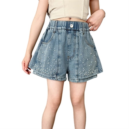 Otqutp Pearl Jean Shorts for Girls Elastic High Waist Loose Fit Casual Shorts Summer Stylish Versatile Denim Shorts with Pockets