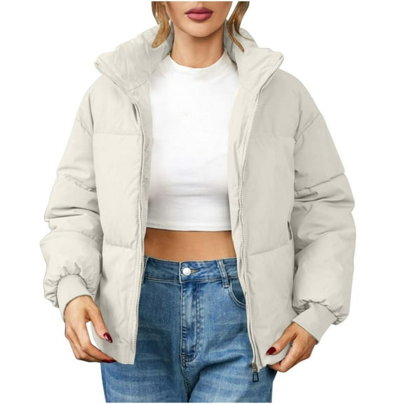 ylioge Quilted Jackets for Women, Womens Downs Jackets Parkas Winter Warm Lightweight Long Sleeve Lapel Thicken Zip Up Solid Color Cropped Padded Winter Coat for Women