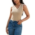 thumbnail image 4 of ATHLECHIC Camisetas de punto acanalado para mujer, con bloque de color, ajustadas, de cuello redondo, chalecos de verano casuales L color caqui y blanco, 4 of 5
