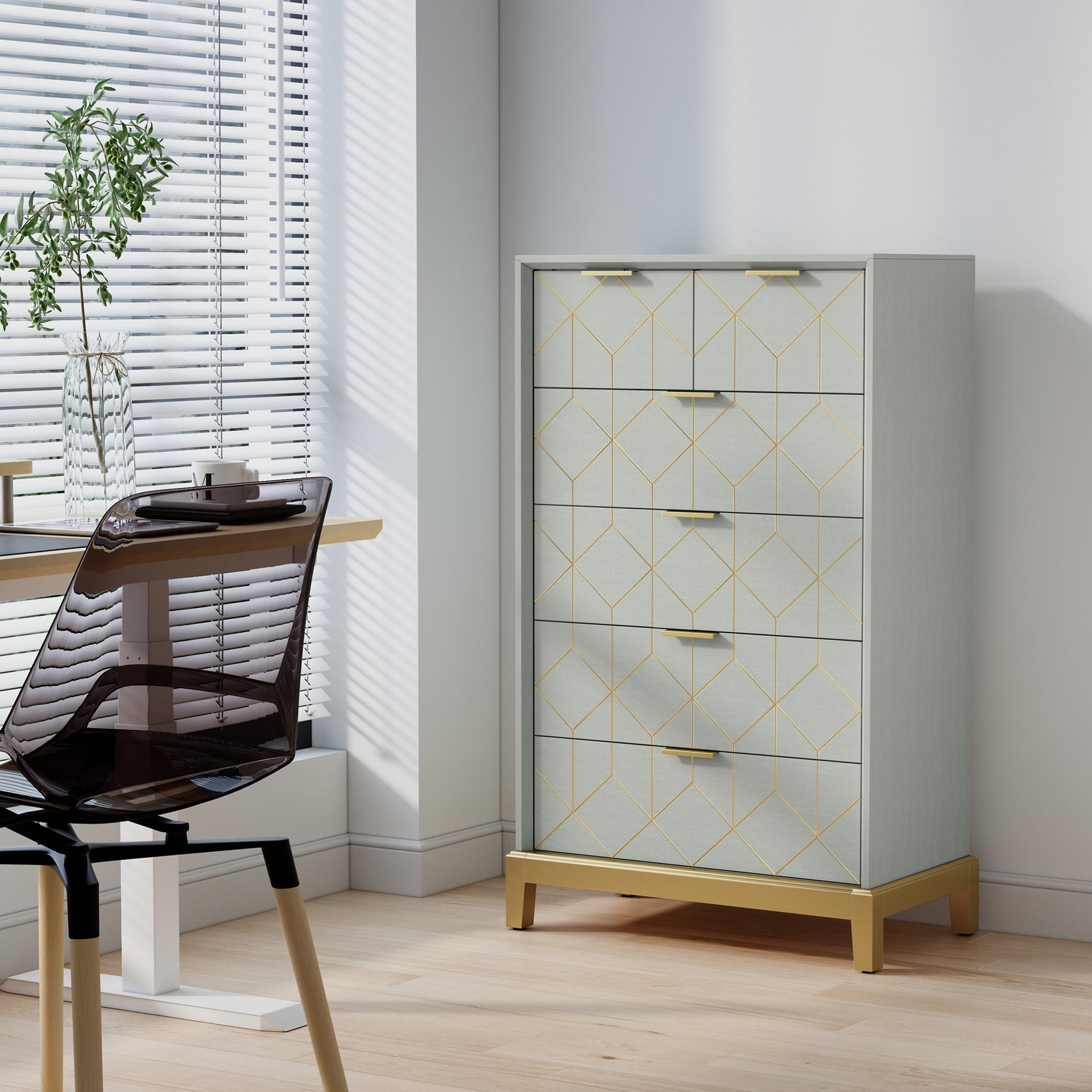HLR Tall Storage 6-Drawer Modern Chest of Drawers with Gold Trim, Green