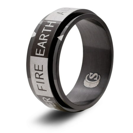 CritSuccess Elemental Dice Ring with 4 sided Earth, Fire, Air & Water Die Spinner (Size 16 - Stainless Steel - Black)