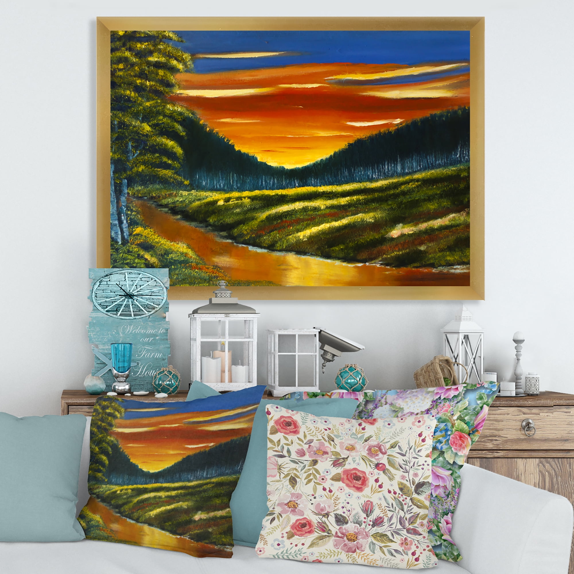 Designart 'Warm Coloured Sunset Glow Above The Lotus Swamp' Traditional Framed Art Print