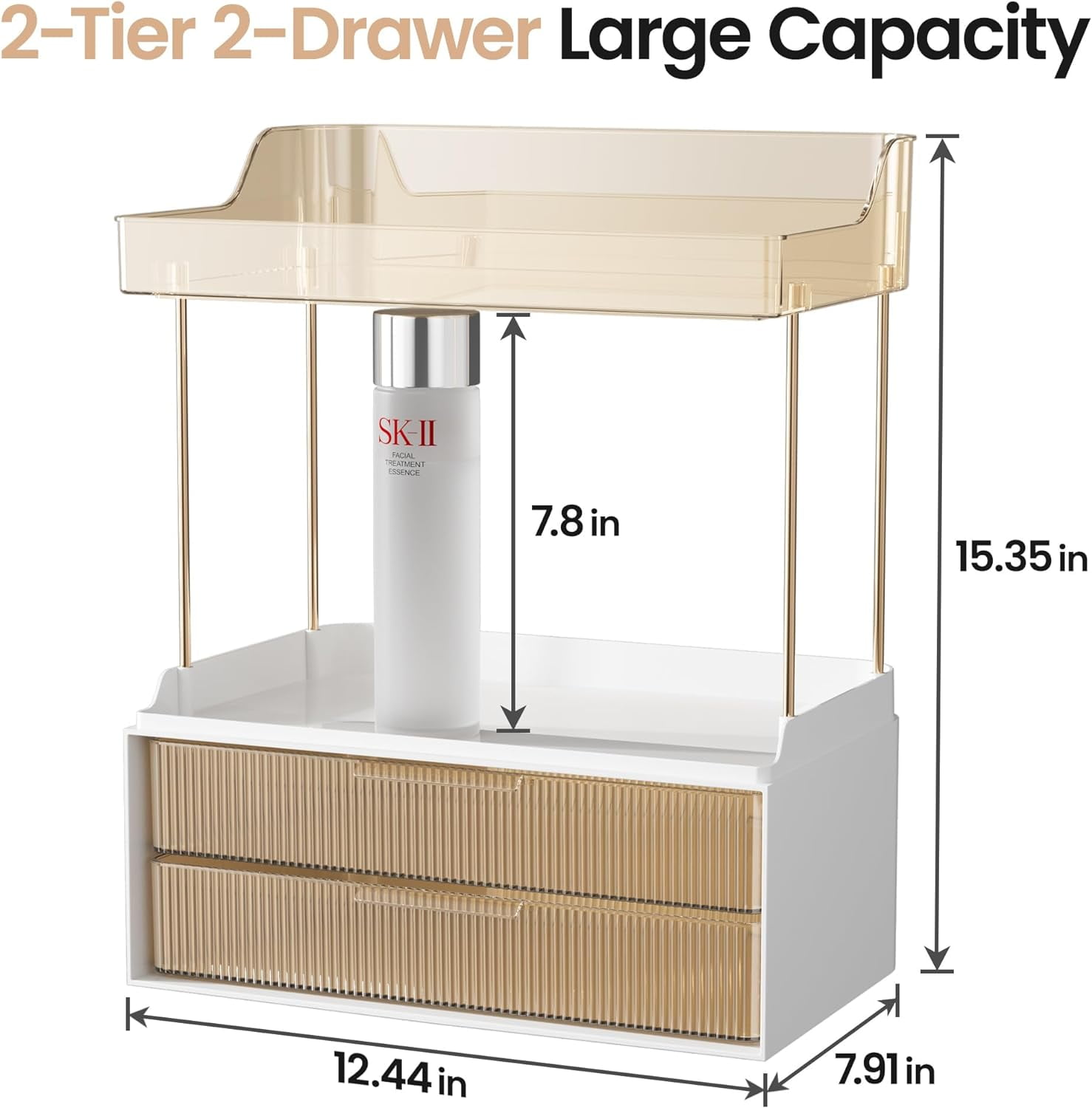 Delamu 2-Tier 2-Drawer Bathroom Organizer Countertop, Multi-Purpose Makeup Organizer Countertop, Large Skincare Organizers, Exquisite Vanity Organizer, Amber